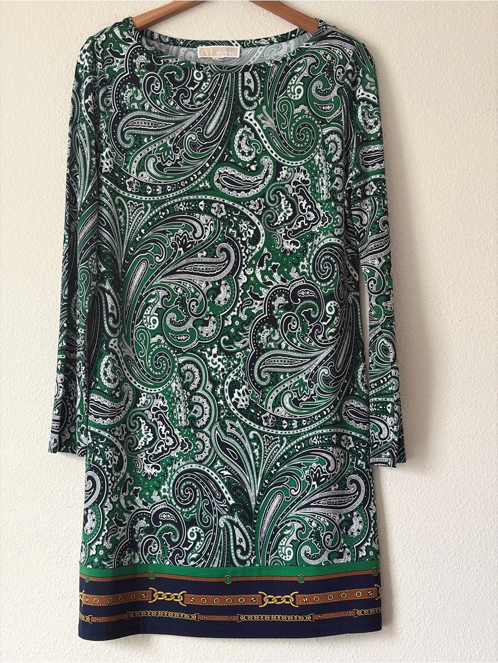 MICHAEL Michael Kors Women’s LongSleeve KneeLength Green&Navy Paisley Dress M